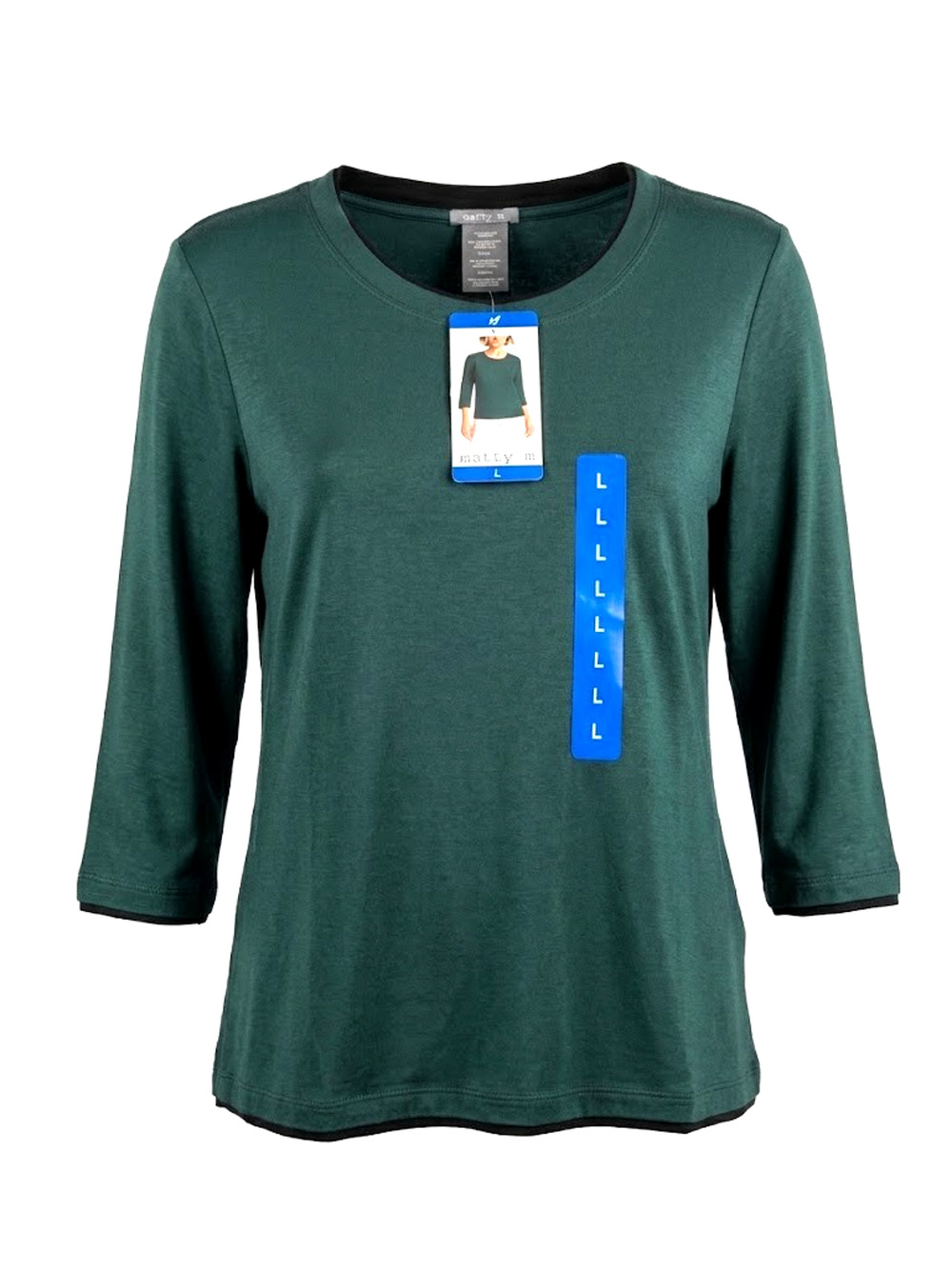 Matty M Women's Emerald Green 3/4 Sleeve Layered Crewneck Top Size L NWT